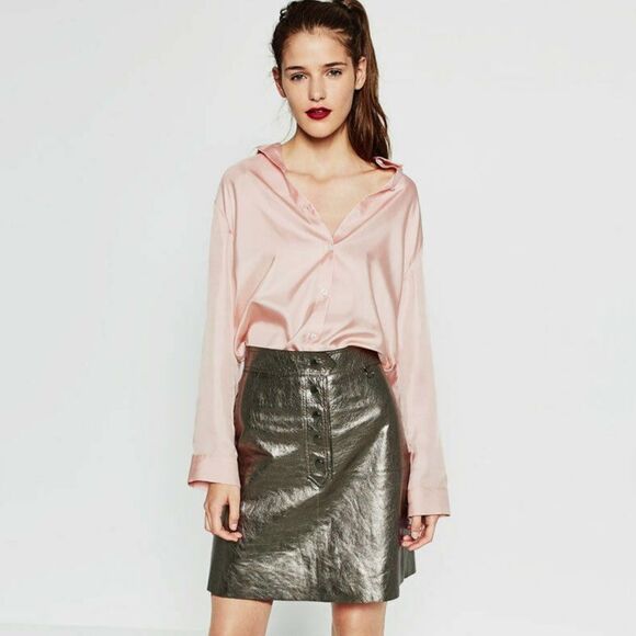 Bloggers Zara Leather Metallic Silver Aged Effect Skirt - Picture 1 of 11